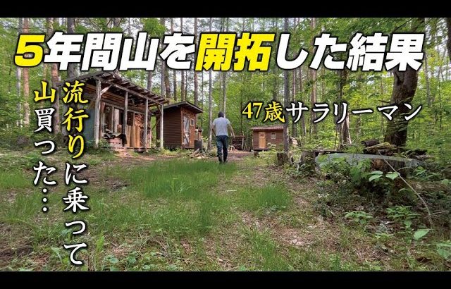 山買って5年開拓したらこうなった！自作山小屋の正面にウッドデッキを作る〜床材の施工完了！