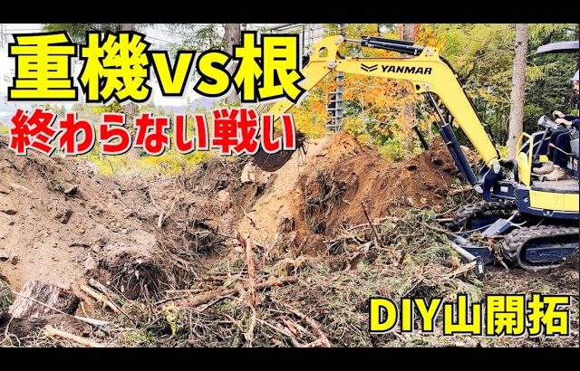 ユンボで挑戦！終わりが見えないDIY抜根作業【山開拓】
