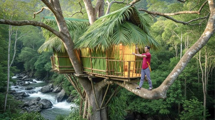 Building a Bamboo House on a Tall Tree – Survive Alone in the Forest – Escape Wild Animals